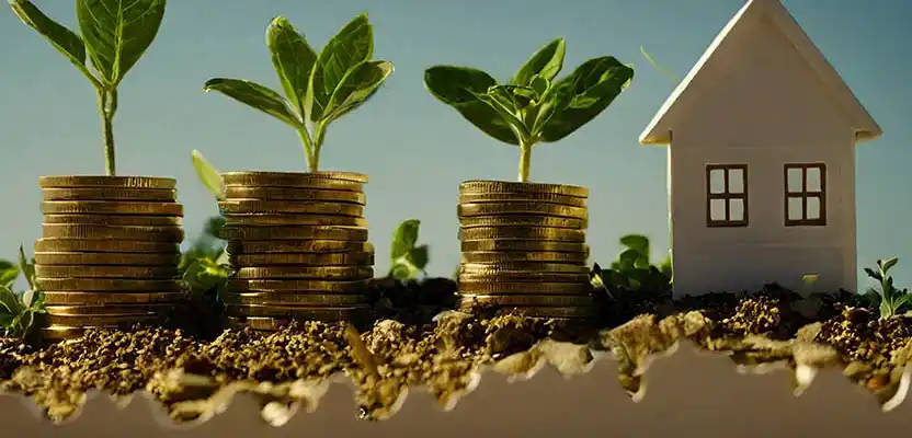 Columns of coins with plants growing out of them placed next to a model house, imply that buy to let properties can grow your inventment.