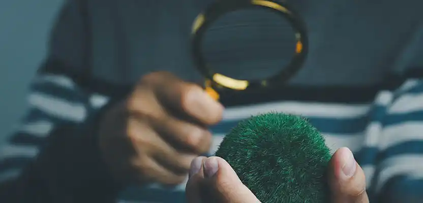 A magnifying glass is held by a hand, focusing on a ball of grass, implying environmental search in the conveyancing.