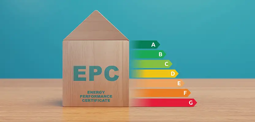 EPC Certificate is written on a house-shaped wood with multi-coloured bars on one side showing A to G grading levels.