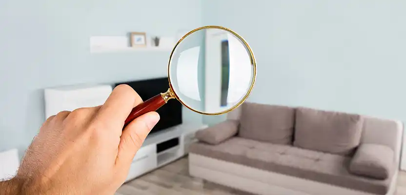 An empty house seen through a magnifying glass shows a vacant possession.