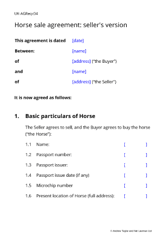 Sample page from the sale agreement for a horse or pony
