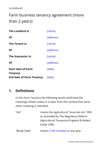 Sample page from the farm business tenancy agreement lasting more than 2 years