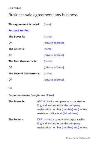 Sample page from the business sale agreement