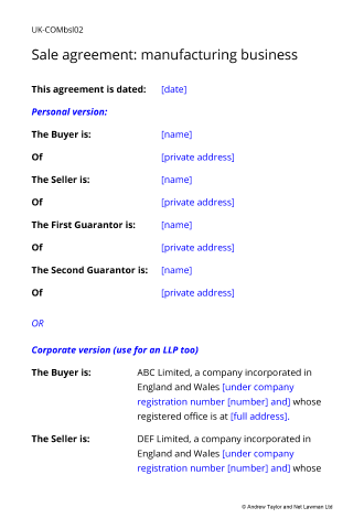 Sample page from the sale agreement for a manufacturing business
