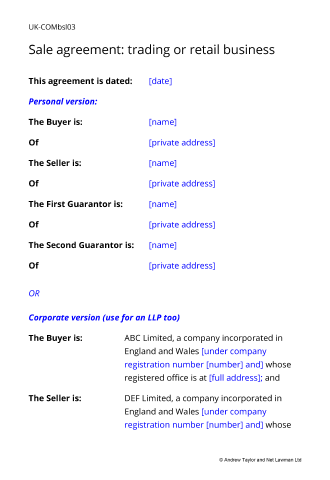 Sample page from the sale agreement for a trading or retail business