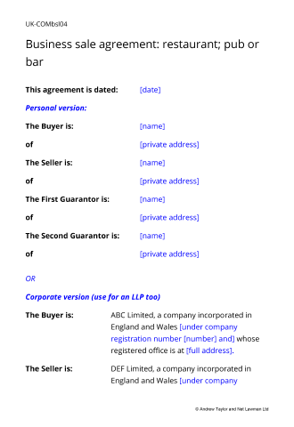 Sample page from the restaurant pub or bar sale agreement