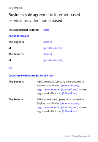 Sample page from the Internet home-based business sale agreement
