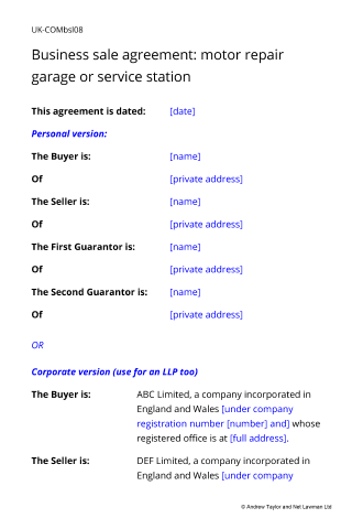 Sample page from the garage or petrol station sale agreement