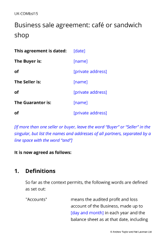 Sample page from the café or sandwich shop business sale agreement