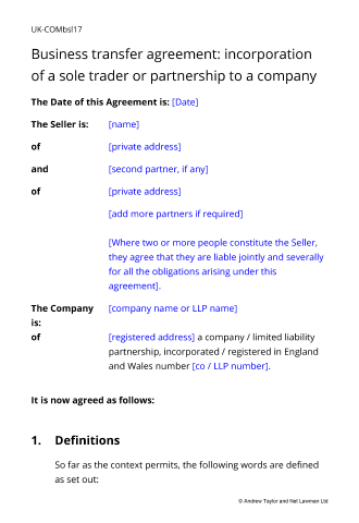 Sample page from the business transfer agreement
