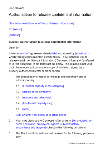 Sample page from the authorisation to release confidential information