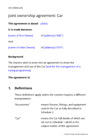 Sample page from the car joint ownership agreement