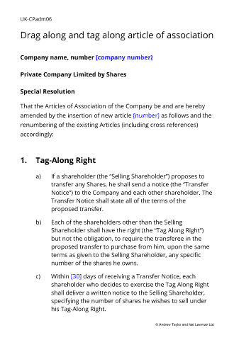 Sample page from the drag along and tag along article of association