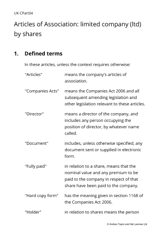 Sample page from the articles of association for a limited company