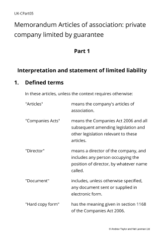 Sample page from the articles of association for a company limited by guarantee