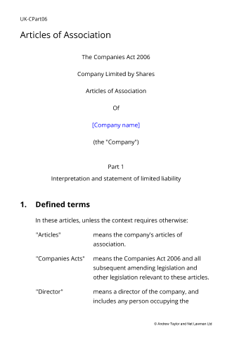 Sample page from the articles of association for a company controlled by one shareholder director