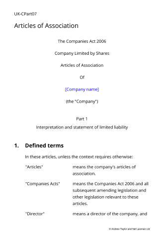 Sample page from the articles of association for a company with professional investors