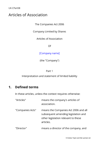 Sample page from the articles of association with multiple share classes