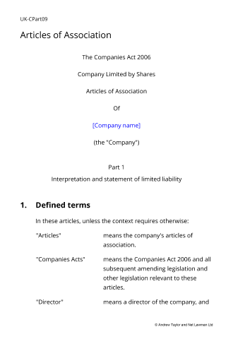 Sample page from the articles of association for a family owned company