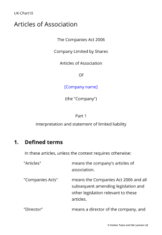 Sample page from the articles of association for a property management company
