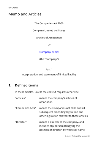 Sample page from the articles for a trading company with vesting shares