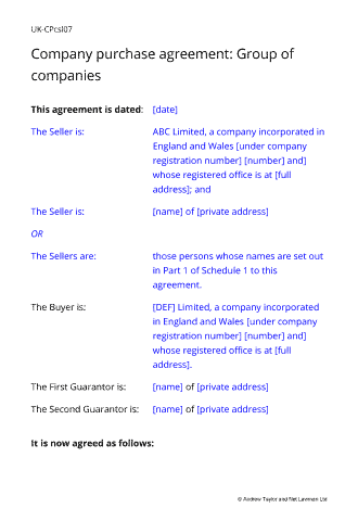 Sample page from the group of companies sale agreement