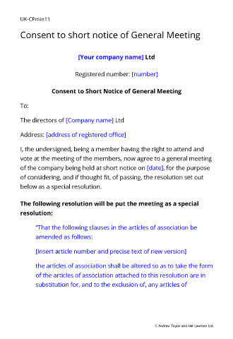 Sample page from the documents to consent to short notice of a general meeting