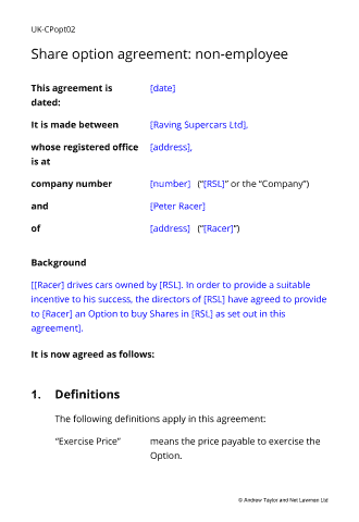 Sample page from the share option agreement