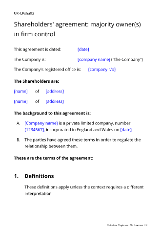 Sample page from the shareholders agreement with controlling owner