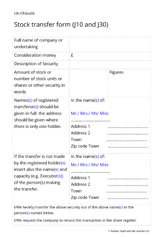 Sample page from the share transfer form