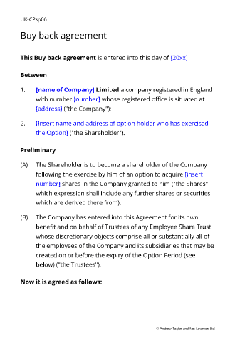 Sample page from the shares buy back agreement
