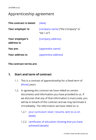 Sample page from the apprenticeship agreement