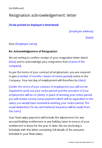 Sample page from the resignation acknowledgement letter