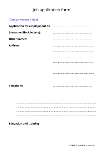 Sample page from the job application form
