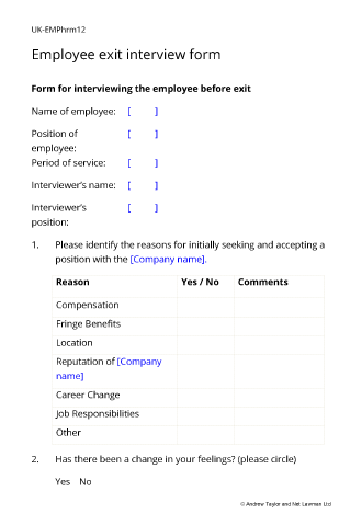 Sample page from the employee exit interview form
