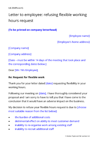 Sample page from the letter refusing flexible working hours request