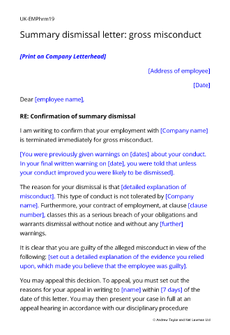 Sample page from the summary dismissal letter for gross misconduct
