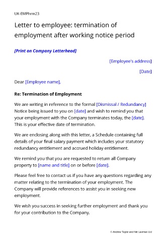 Sample page from the letter terminating employment after notice period