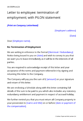 Sample page from the letter terminating employment