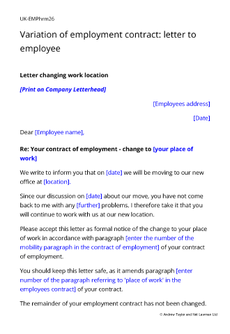 Sample page from the letter changing terms of employment
