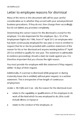 Sample page from the employee dismissal letter