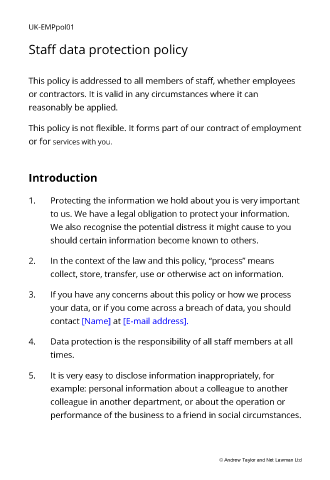 Sample page from the staff data protection policy