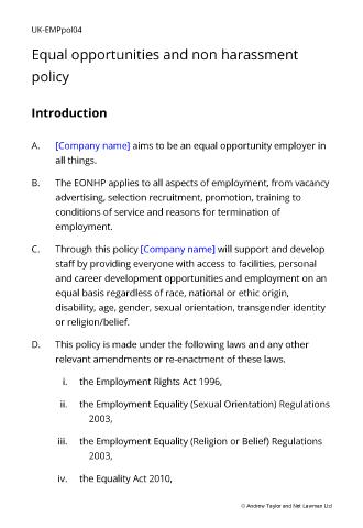 Sample page from the equal opportunities and non harassment policy