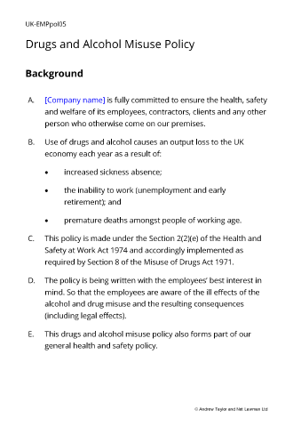 Sample page from the drug and alcohol misuse policy