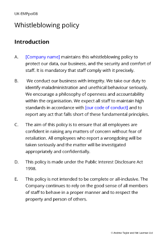 Sample page from the whistleblowing policy