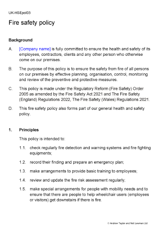 Sample page from the fire safety policy
