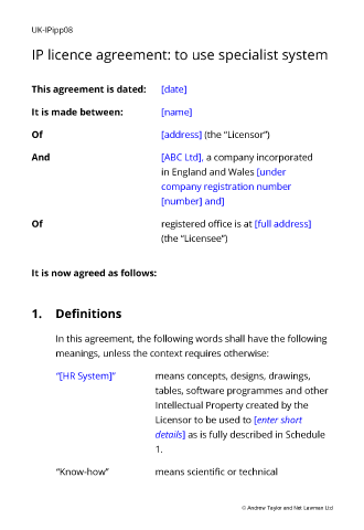 Sample page from the ip licence agreement for a specialist system
