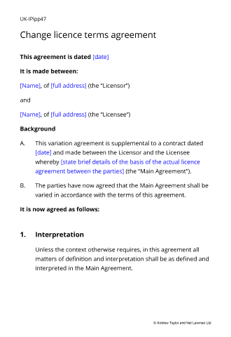 Sample page from the licence terms variation agreement