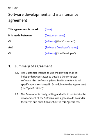 Sample page from the development agreement for software