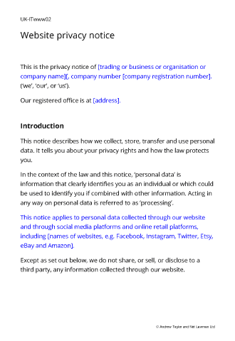 Sample page from the website privacy notice